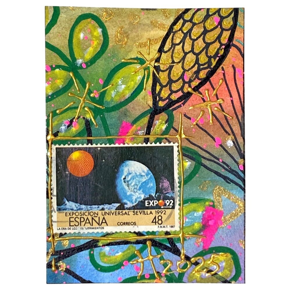 ACEO Original Art Acrylic Collage Mixed Media 3D 1987 Spain Postage Stamp ATC